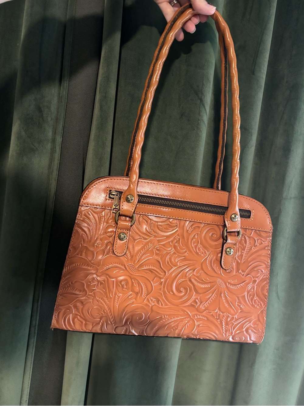 Patricia Nash Embossed Floral Shoulder Bag in Cognac